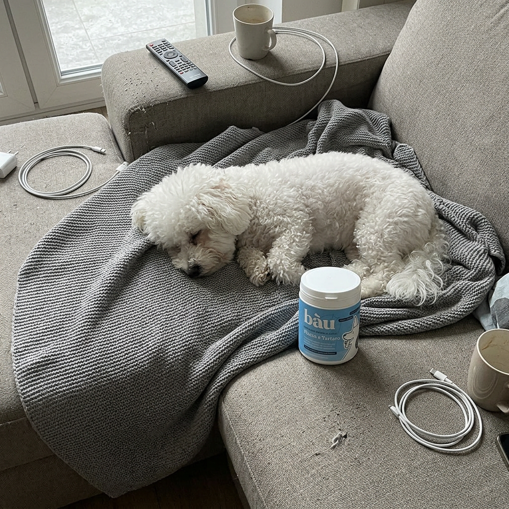 Cagnolino bianco che dorme su una coperta sul divano accanto al barattolo di Placca e Tartaro Bàu