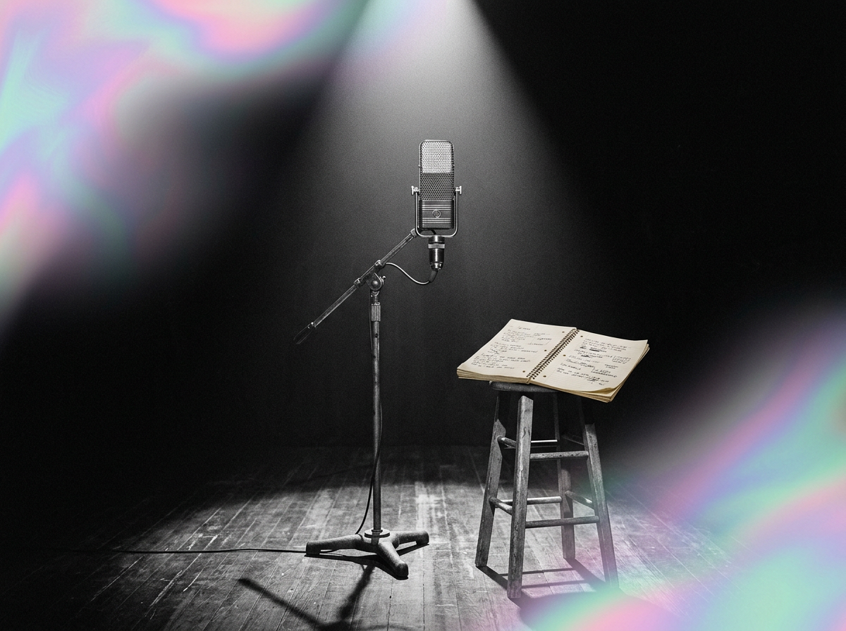 An empty stage lit by a single spotlight with a vintage microphone and a notebook of handwritten lyrics in holographic light