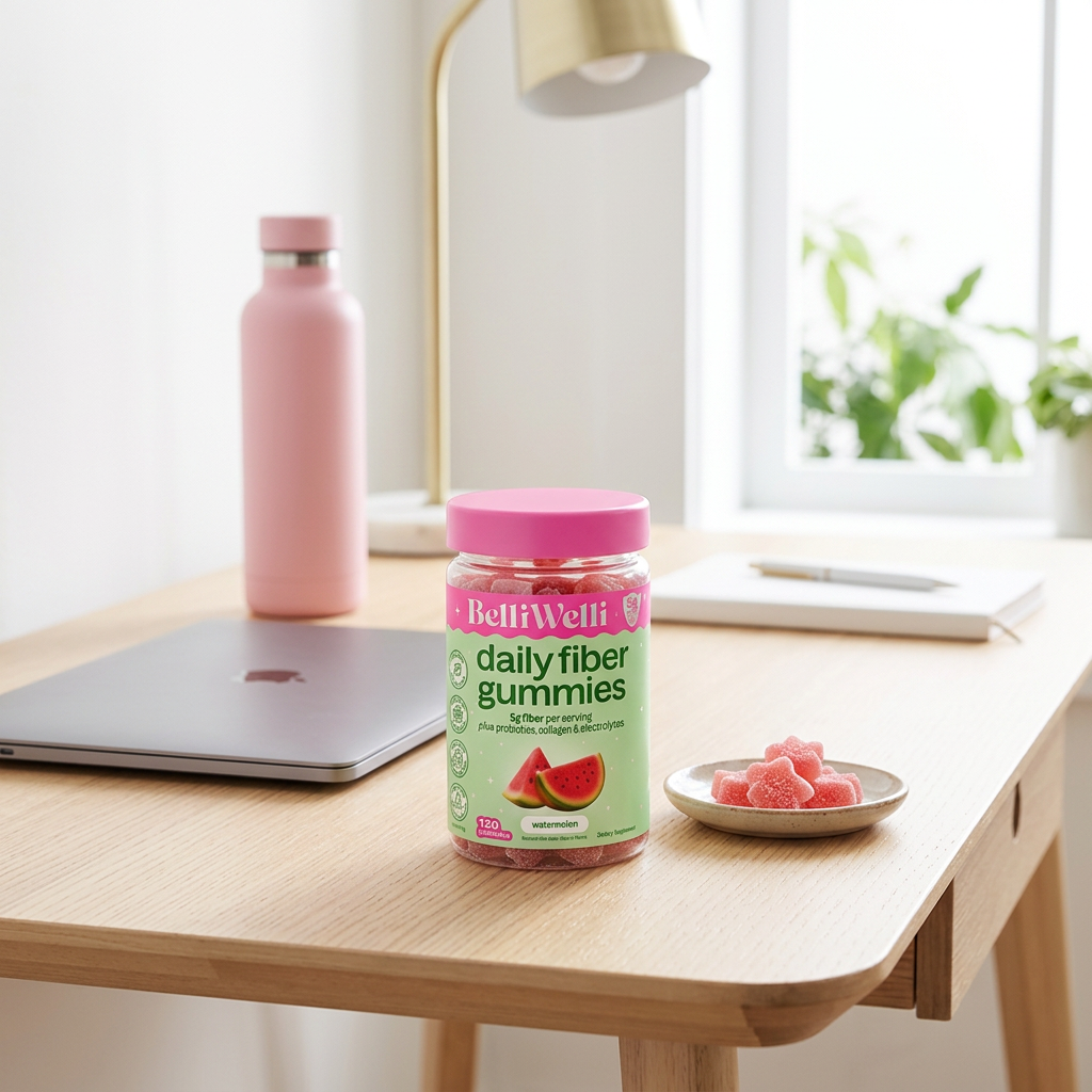 Jar of BelliWelli fiber gummies on a light wood desk beside a laptop and a pink water bottle