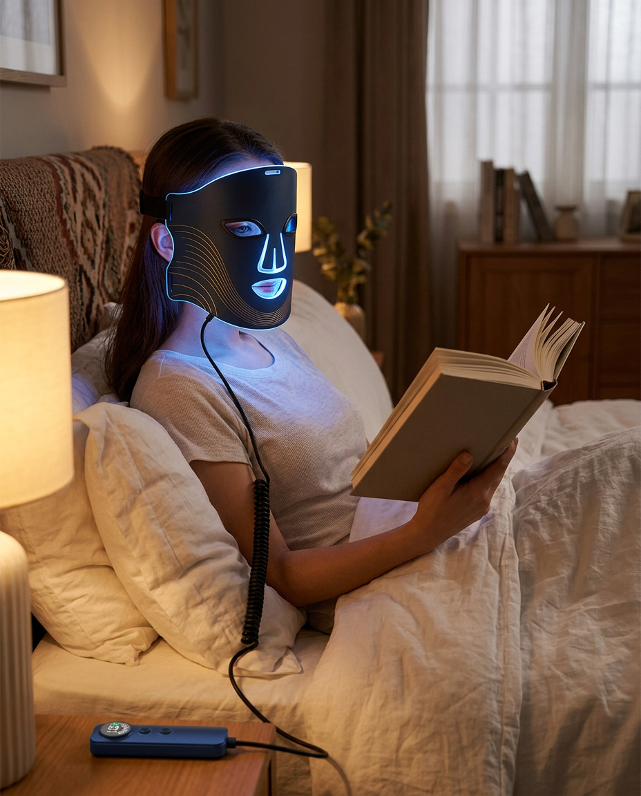 Woman relaxing in bed wearing the LED mask with blue light