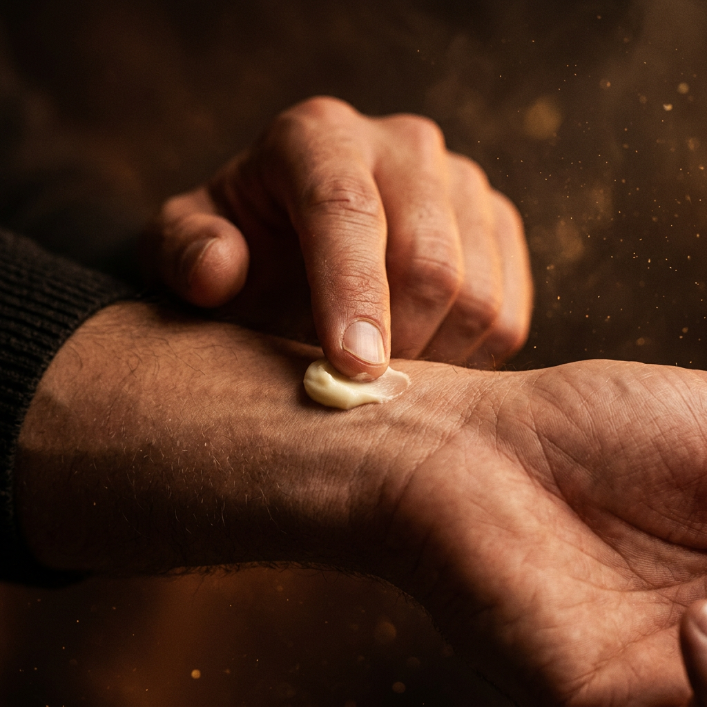 Fingertip pressing solid cologne onto the inner wrist