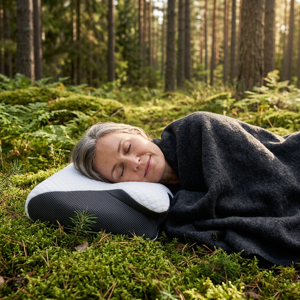 Woman sleeping peacefully on the Multi-Position Pillow in a sunlit pine forest