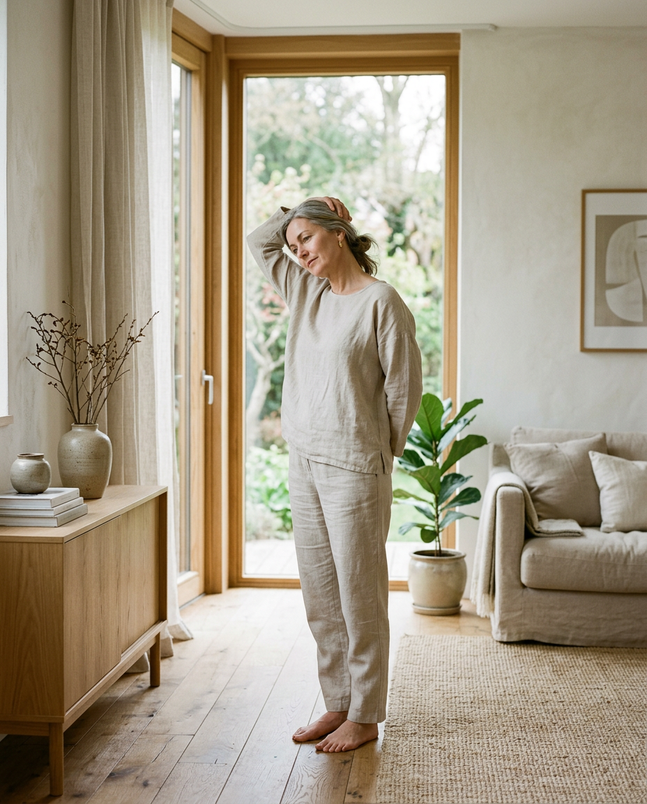 Woman gently stretching her neck by a bright window