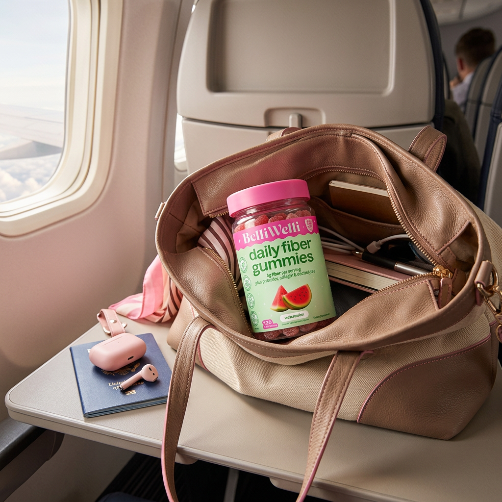 Jar of BelliWelli fiber gummies tucked into a carry-on tote on an airplane tray table next to a passport