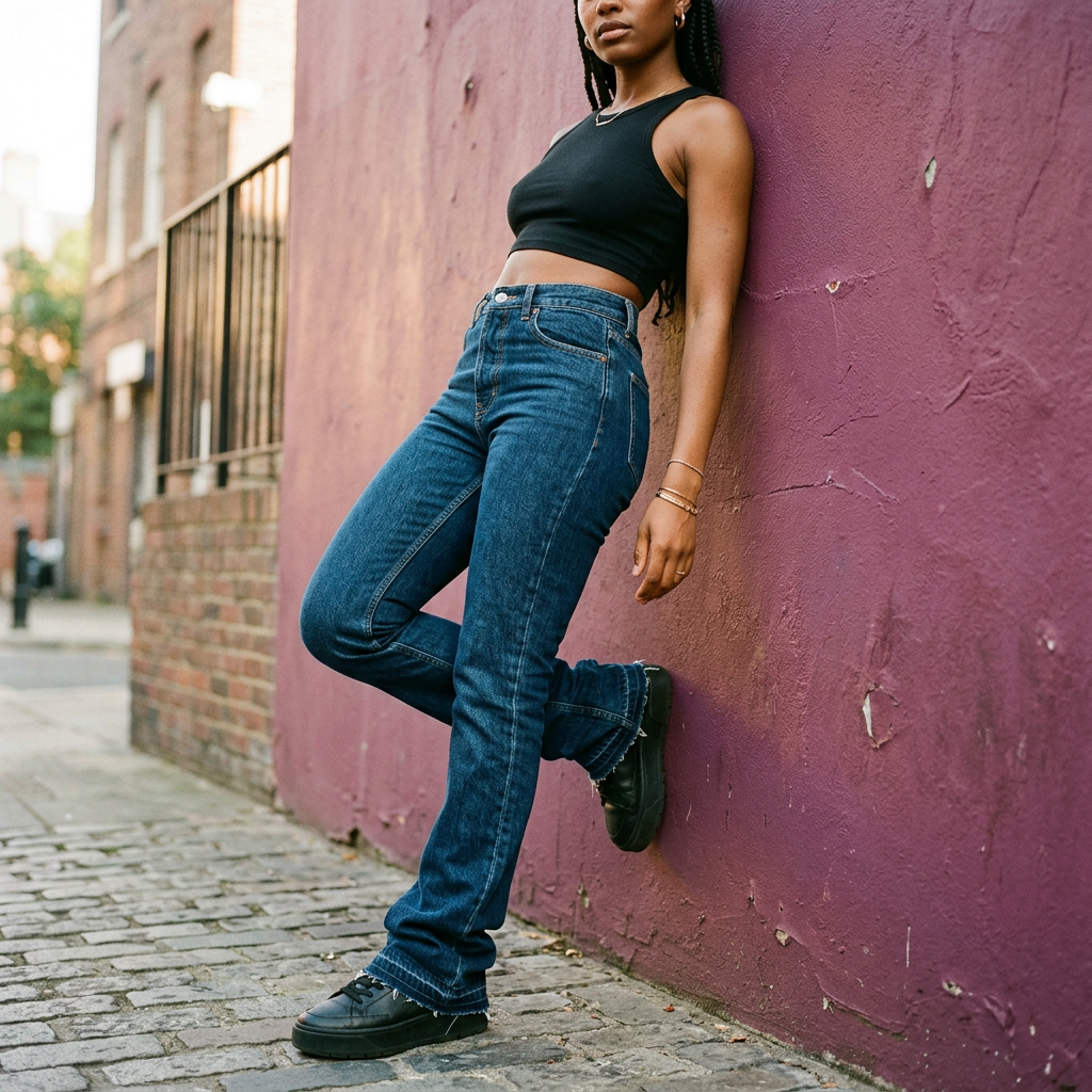 Woman in high-waisted flare jeans and a black crop top against a plum wall