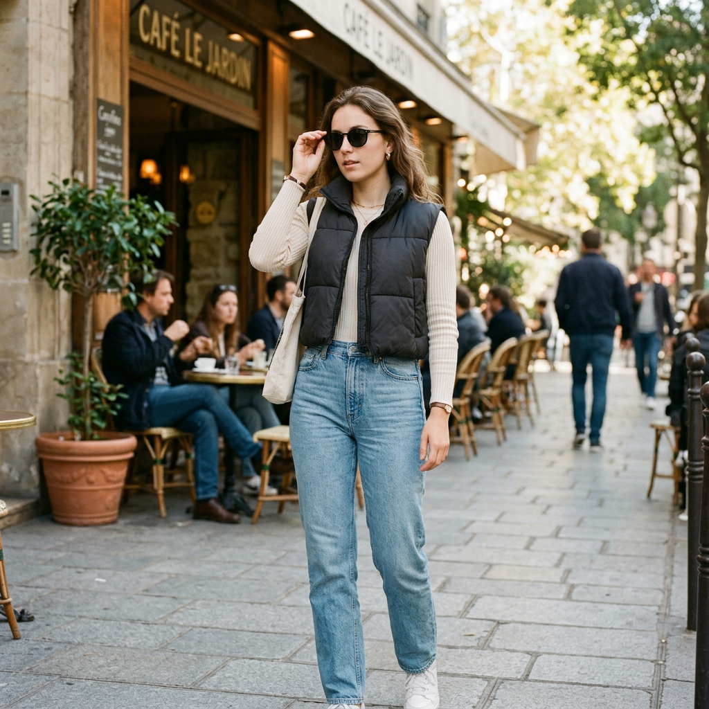 Woman in a cropped puffer vest and light-wash straight-leg jeans outside a cafe