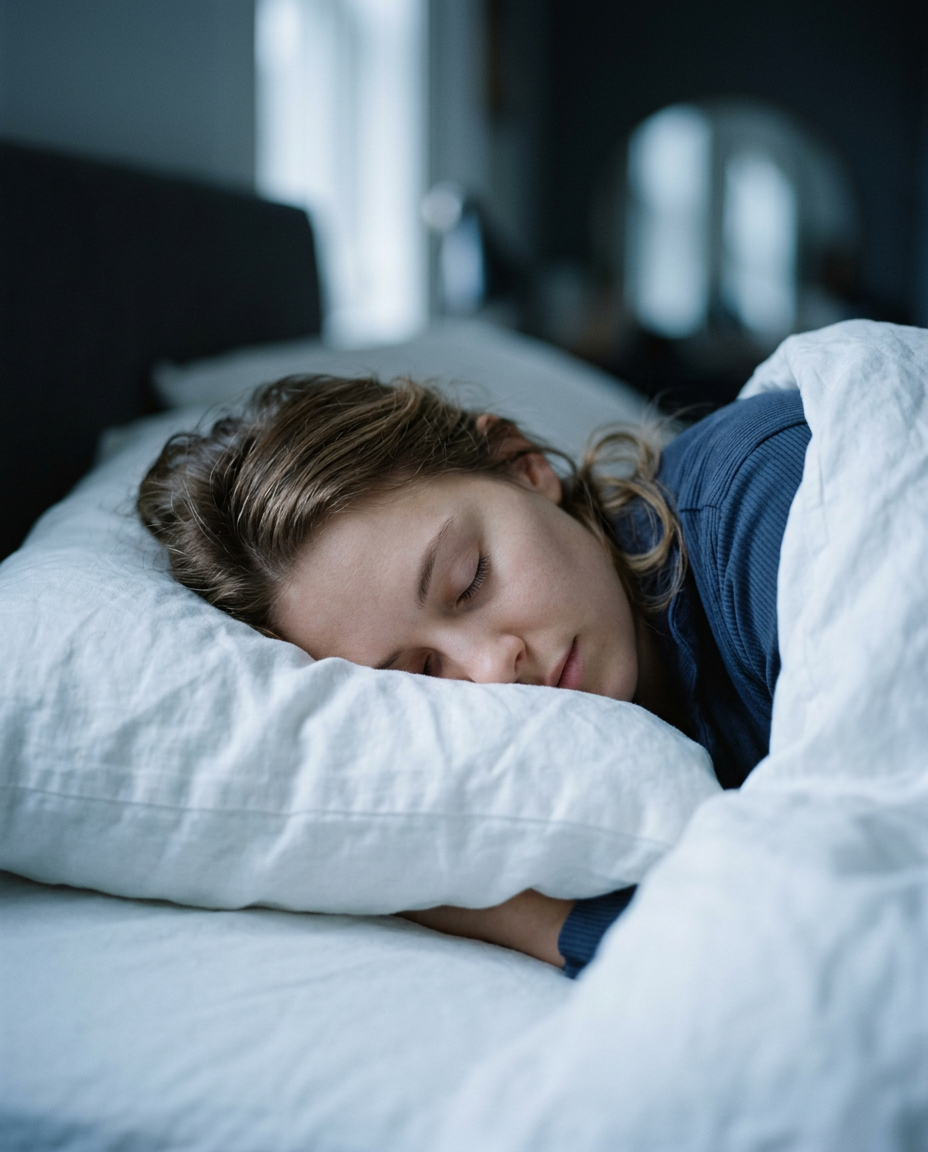 Person sleeping peacefully on a white linen pillow