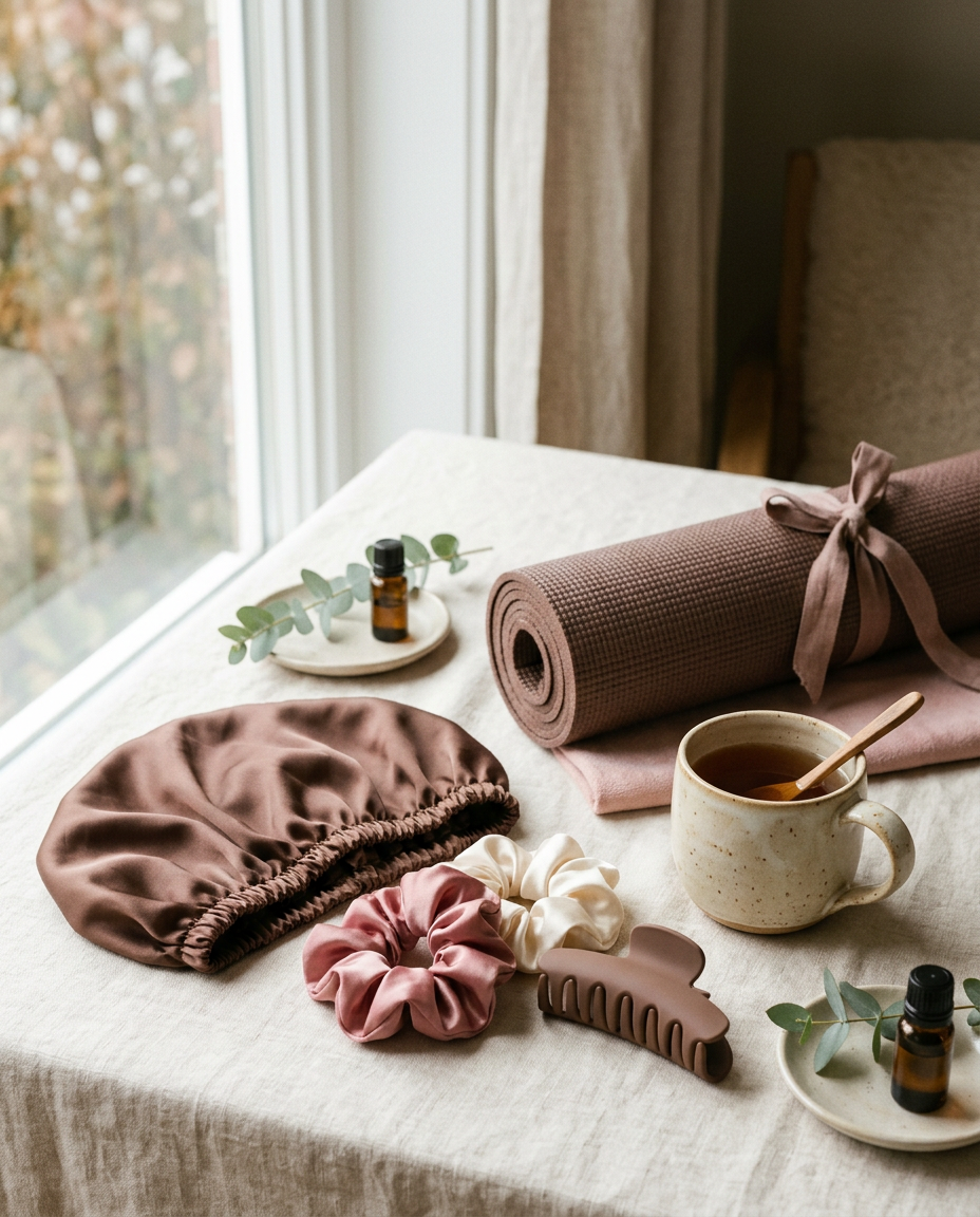 Satin scrunchies, a claw clip and a satin bonnet beside a folded pilates mat on cream linen