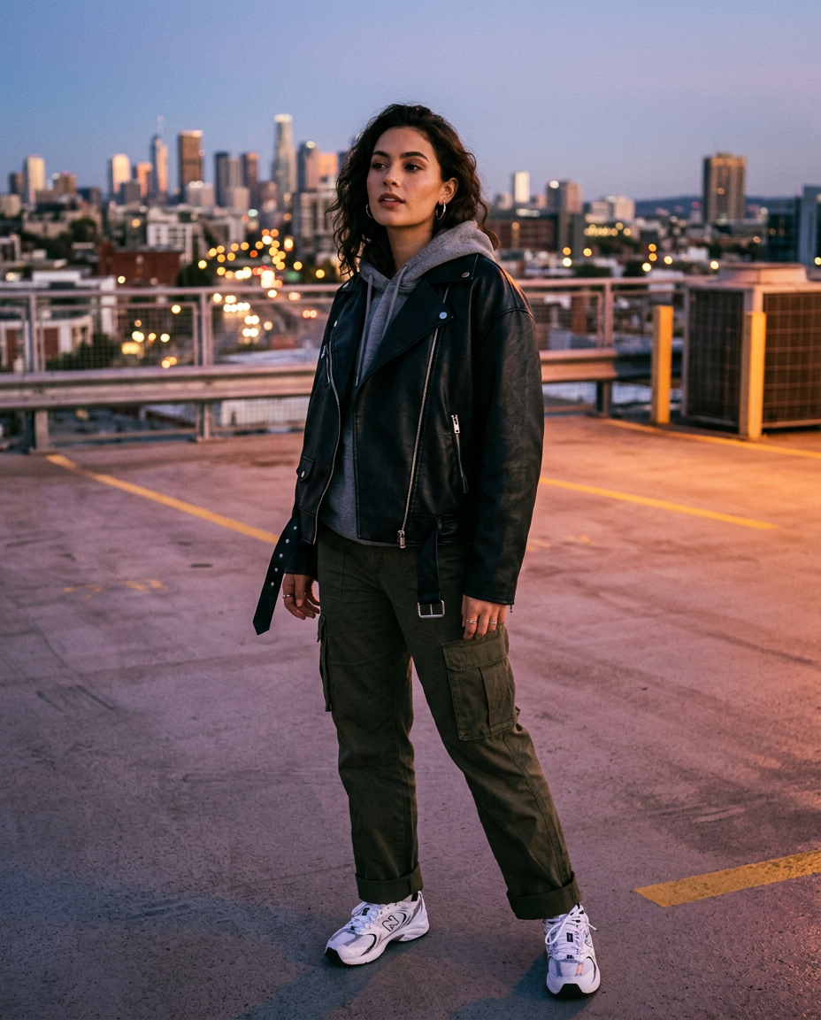 Woman in an oversized faux-leather moto jacket on a rooftop at dusk