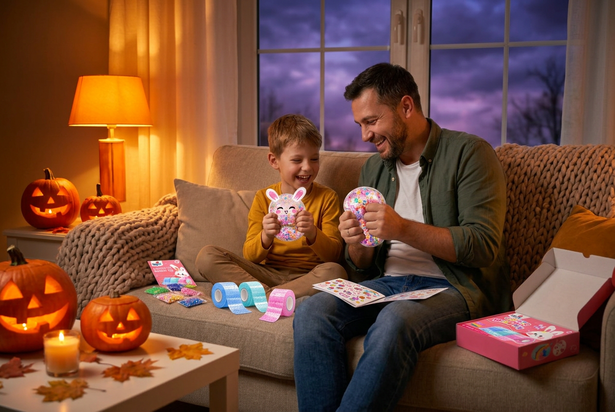Chlapec s tatínkem na gauči mezi halloweenskými dýněmi mačkají třpytivé squishy z nano pásky
