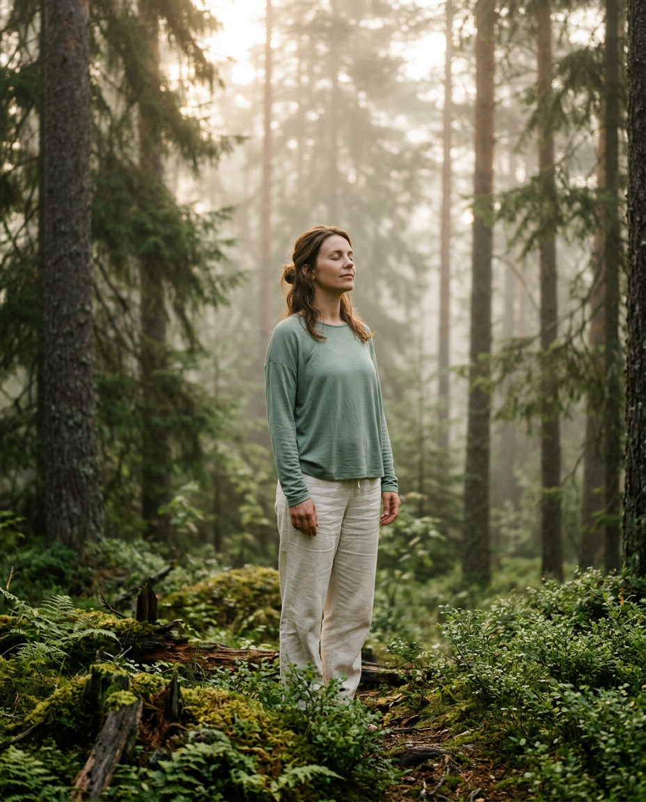 Woman in a soft sage bamboo top breathing fresh air in a misty Nordic forest