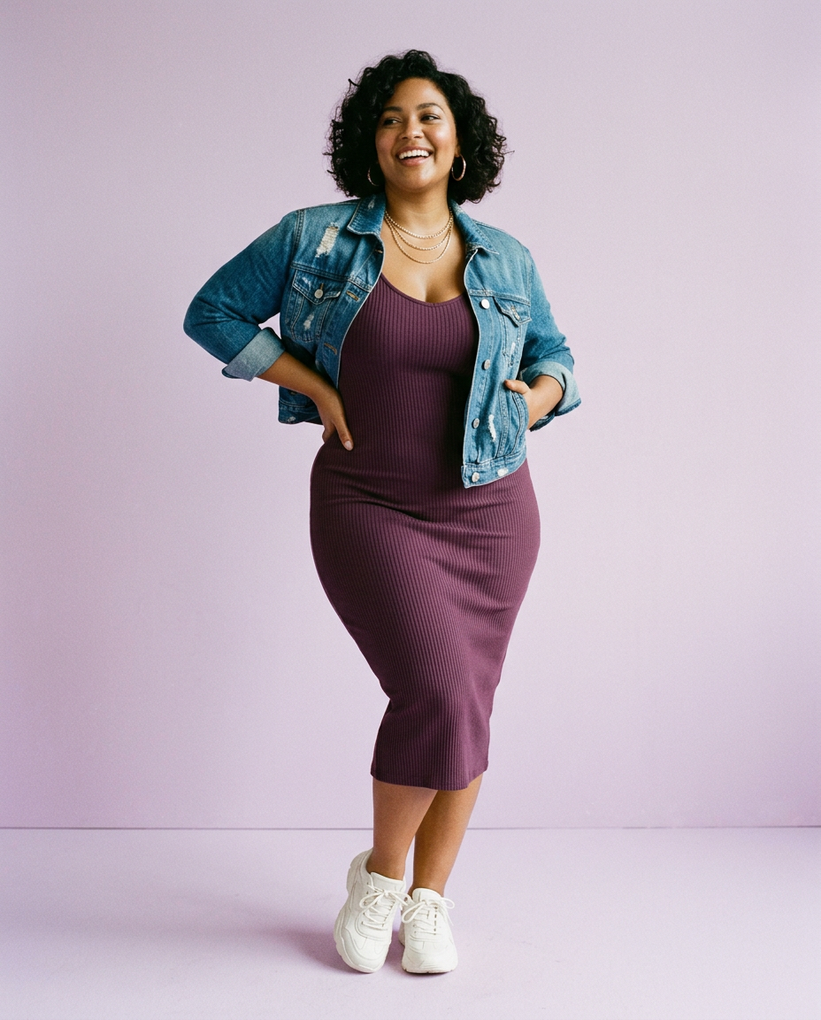 Curvy woman in a plum ribbed midi dress and cropped denim jacket