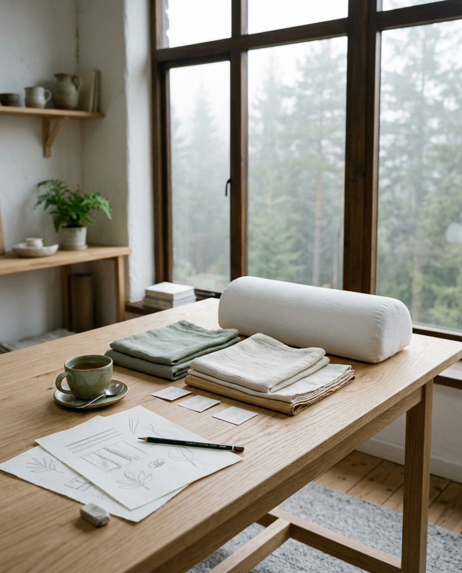 Bright Nordic design studio with linen fabric swatches, a soft pillow and sketches by a window overlooking a misty pine forest