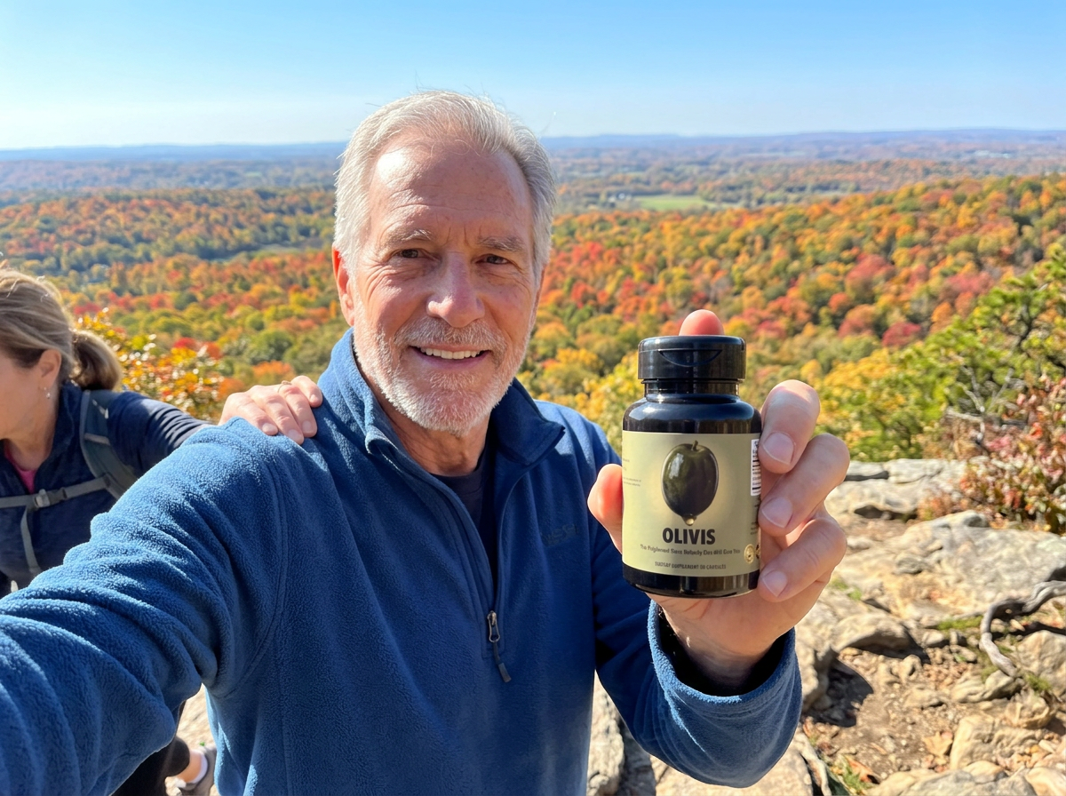 Earl on a hiking trail overlook holding his bottle of Olivis