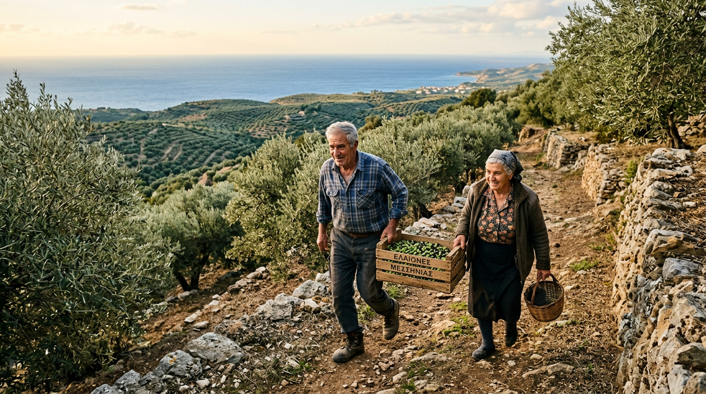 An elderly Greek couple walking up a terraced olive grove in Messinia with a harvest crate