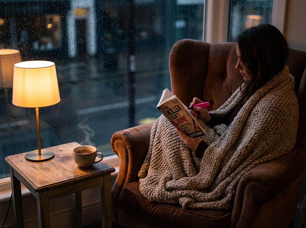 A reader curled up in an armchair on a rainy evening with the puzzle book and a cup of tea