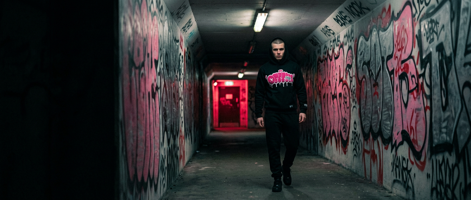 Model wearing the OFFTIK Throwy Hoodie in black and pink with plain black pants, walking through a dark concrete tunnel covered in graffiti