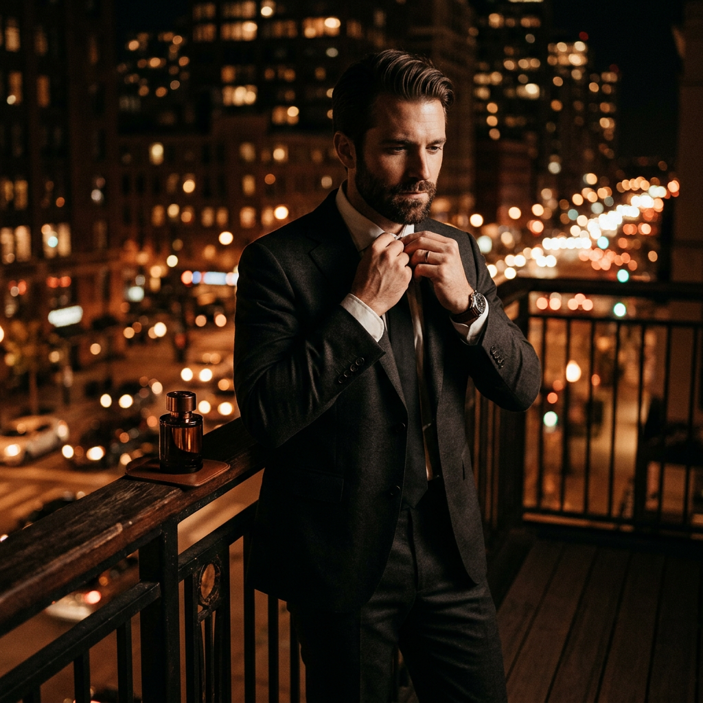 Man in a dark suit adjusting his collar at night