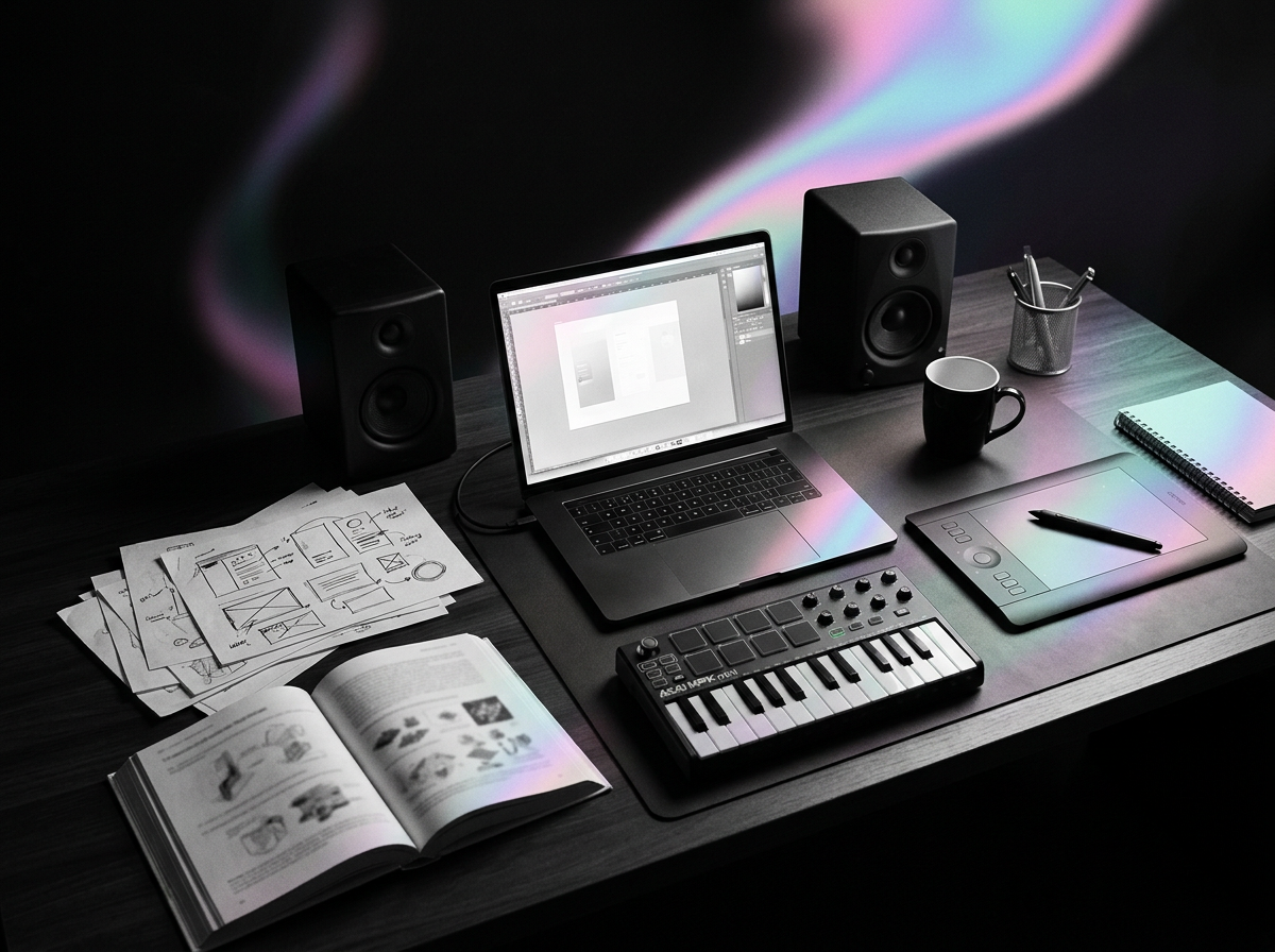 A creative director's desk at night with laptop, drawing tablet, studio monitors and design sketches in holographic light