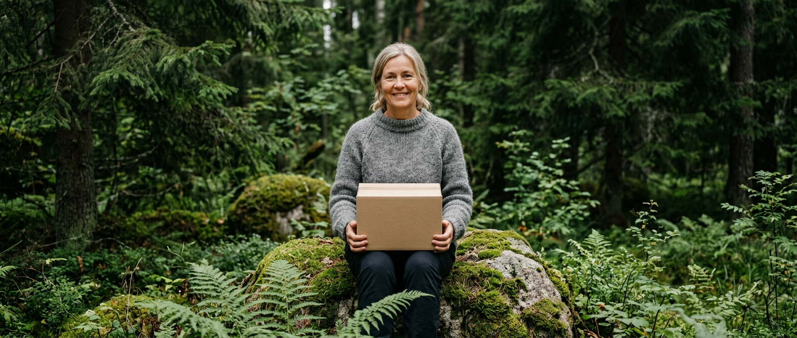 Happy customer holding a delivery box in a Nordic forest