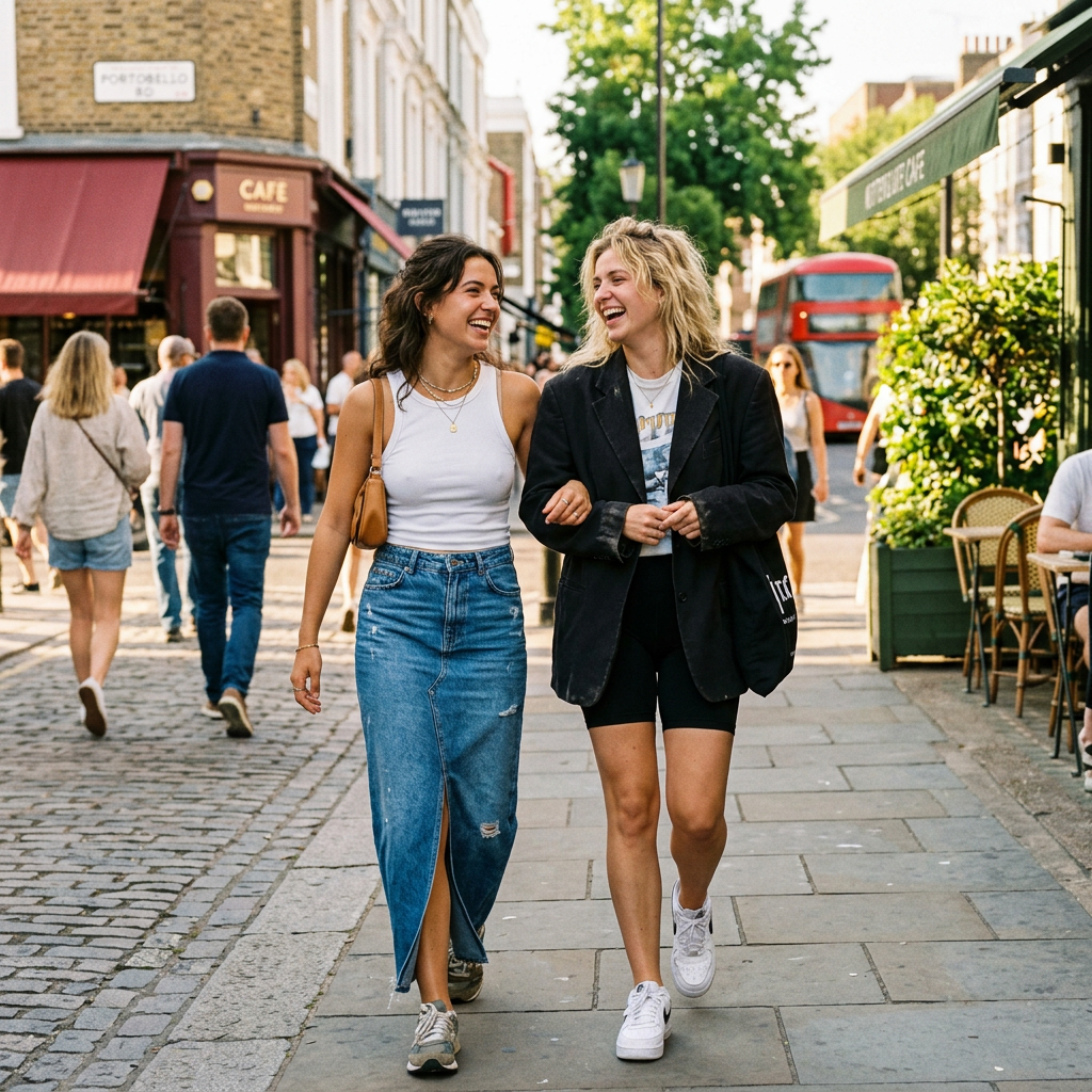 Two friends laughing on a sunny sidewalk in a denim maxi skirt and an oversized blazer