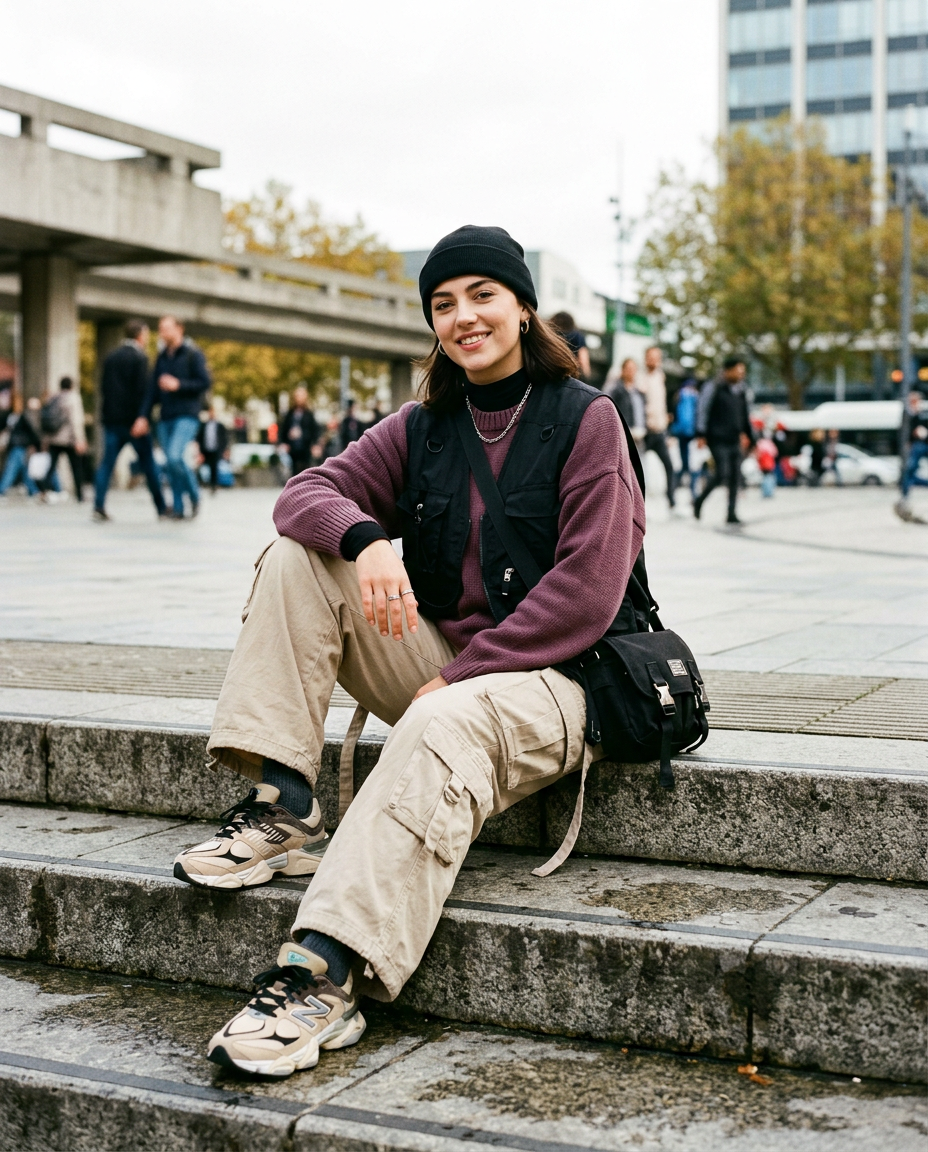 Woman in wide-leg cargo pants and sneakers sitting on concrete steps