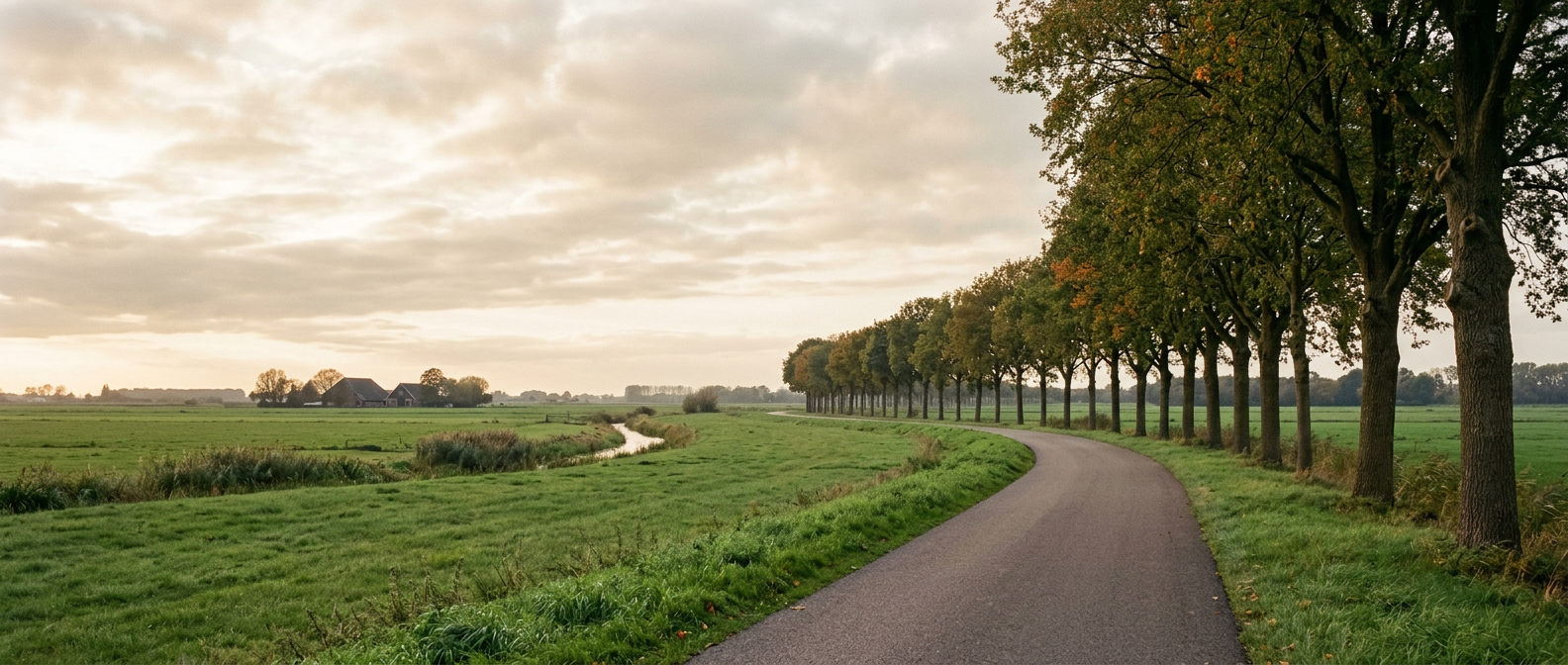 Slingerende polderweg tussen groene weilanden in West-Brabant