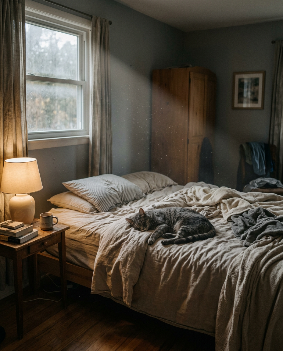 Bedroom before Furton: hazy air with cat fur and dust floating in the sunlight