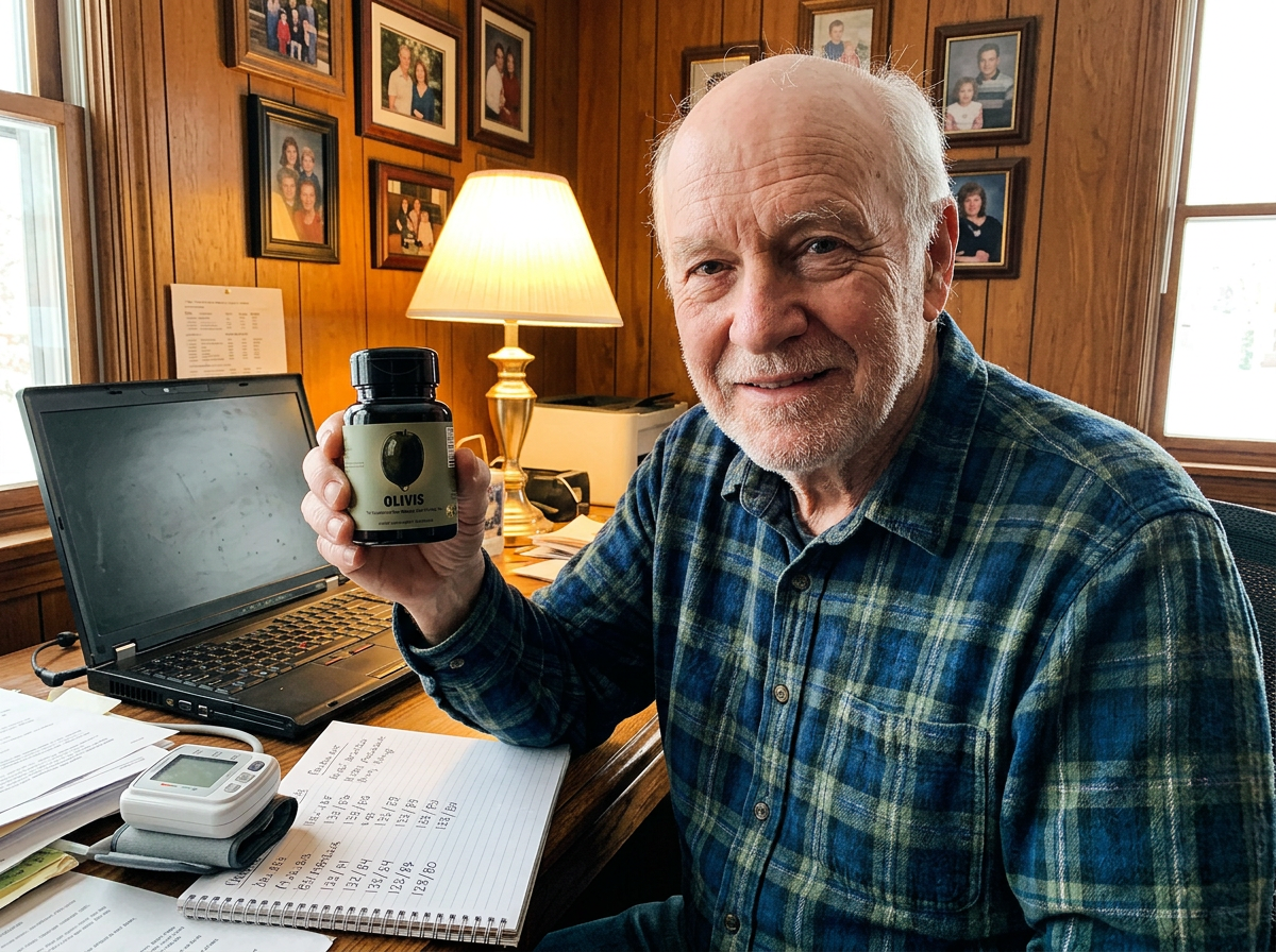 David R. at his desk next to his blood pressure log and monitor, holding a bottle of Olivis