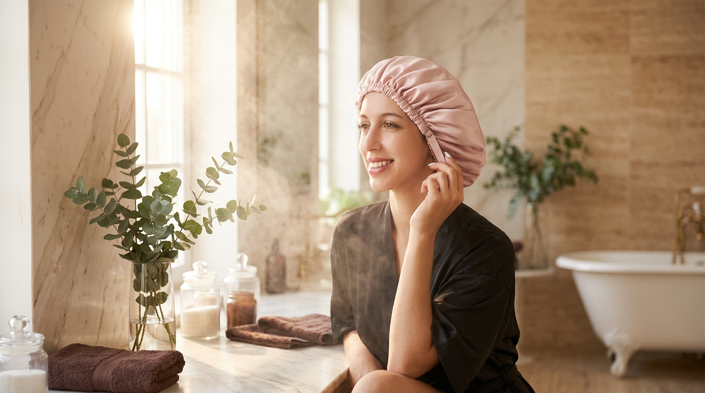 Smiling woman in a sunlit marble bathroom wearing a blush satin shower cap