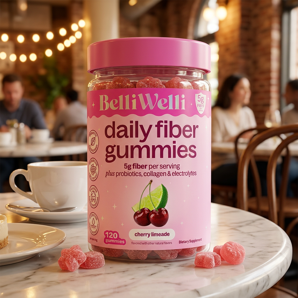 Jar of BelliWelli cherry limeade fiber gummies on a marble restaurant table next to a coffee cup