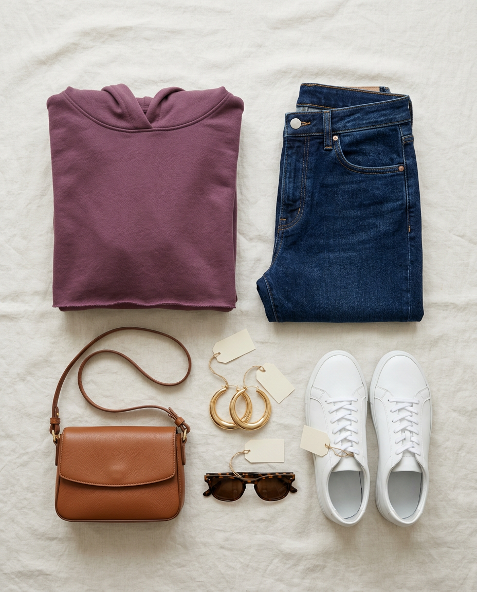 Flat lay of folded jeans, a plum cropped hoodie, a mini bag, gold hoops, sunglasses and white sneakers