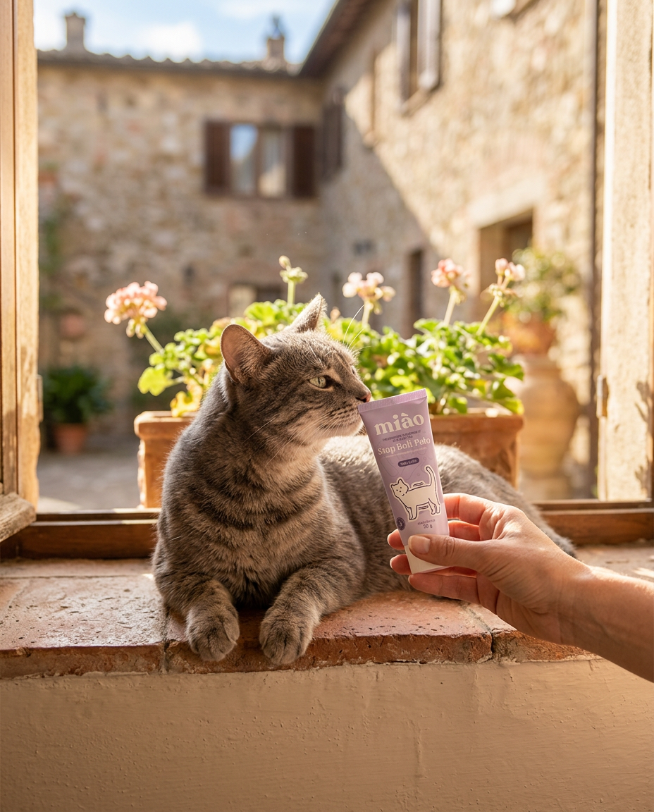 Gatto tigrato grigio sul davanzale che annusa il tubetto di Stop Boli di Pelo Miào tenuto in mano dalla sua umana