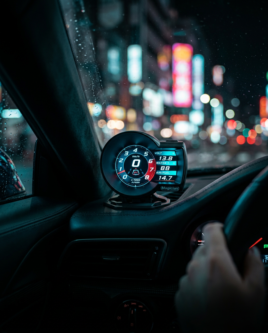 Advanced OBD LCD Gauge glowing on a car dashboard at night