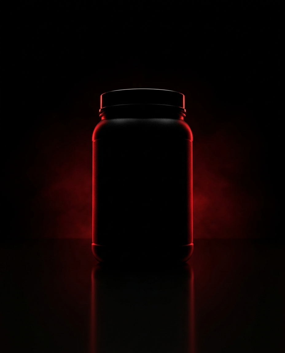 Silhouette of a black jar in red light, GX1 creatine gummies coming soon