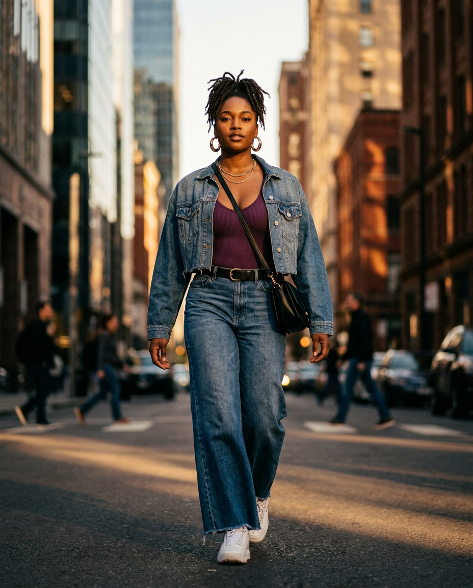 Confident woman striding down a city street in a cropped denim jacket, plum bodysuit and wide-leg jeans