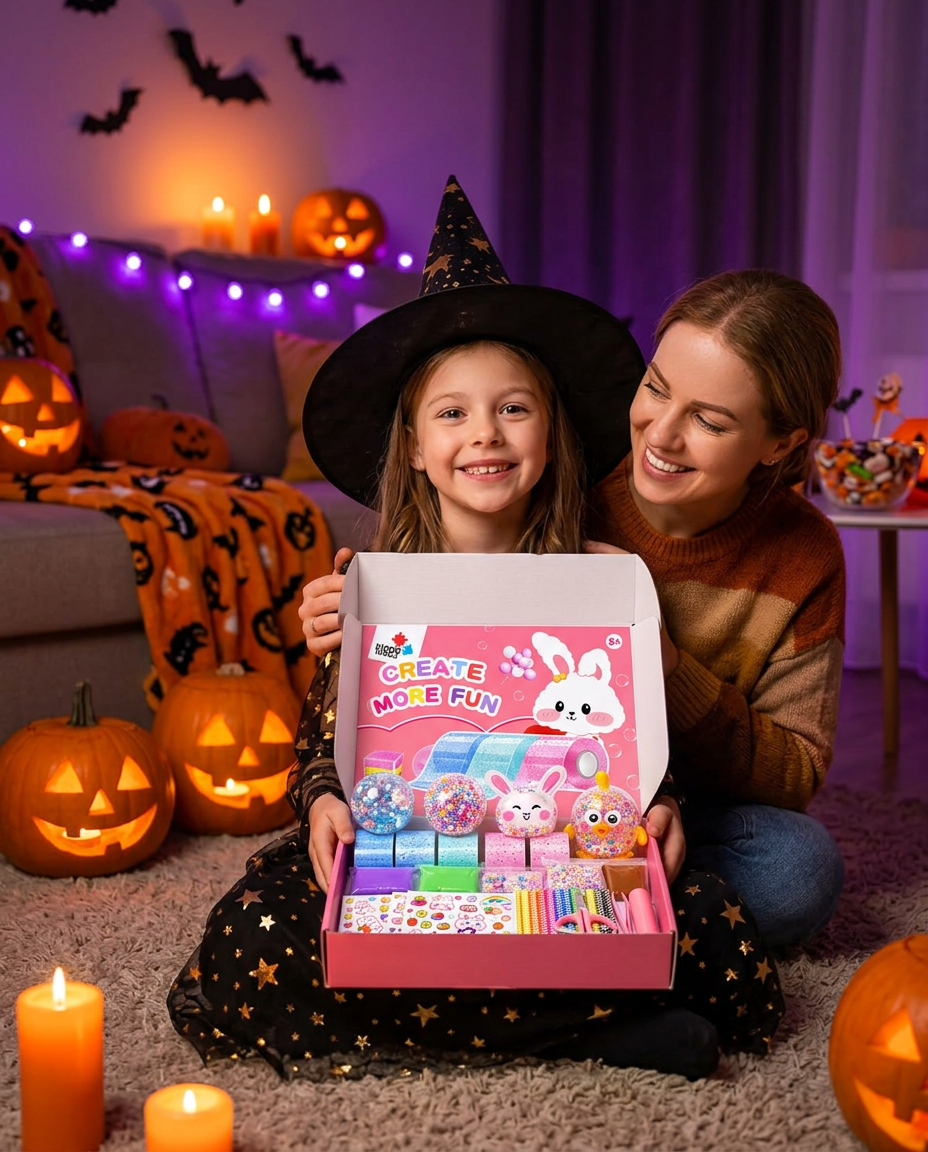 Holčička v kostýmu čarodějnice na halloweenské párty ukazuje sadu Nano Tape Bubble Squishies, maminka se vedle ní směje