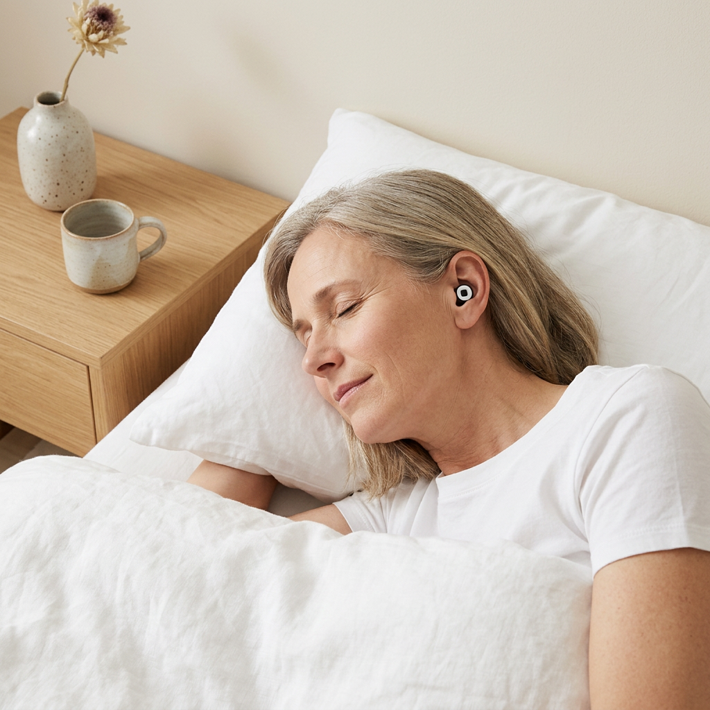Woman in her fifties sleeping peacefully on a white pillow with a Sleep Plug in her ear