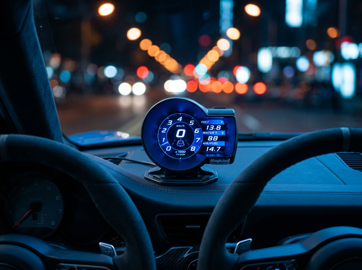 The OBD gauge glowing blue on a car dashboard at night