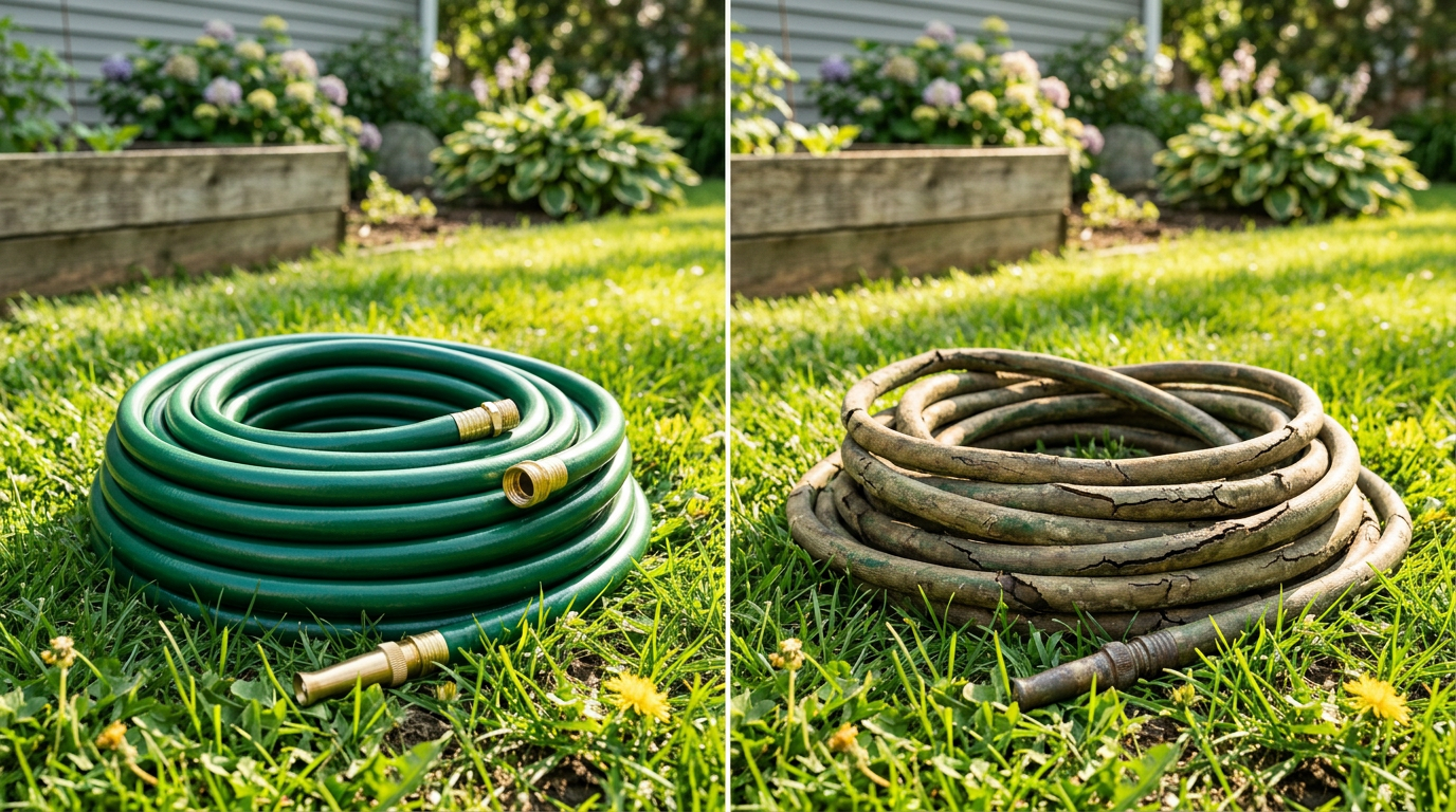 A new, flexible green garden hose beside an old, cracked, sun-baked garden hose