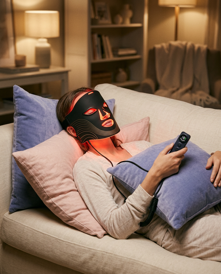 Woman relaxing on the sofa wearing the LED mask with red light