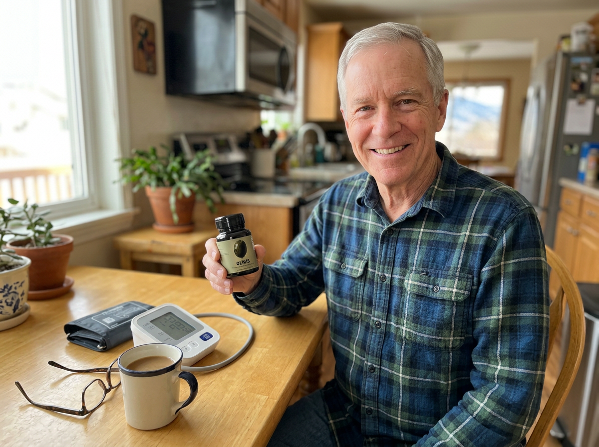 Greg M. at his kitchen table holding a bottle of Olivis next to his blood pressure monitor