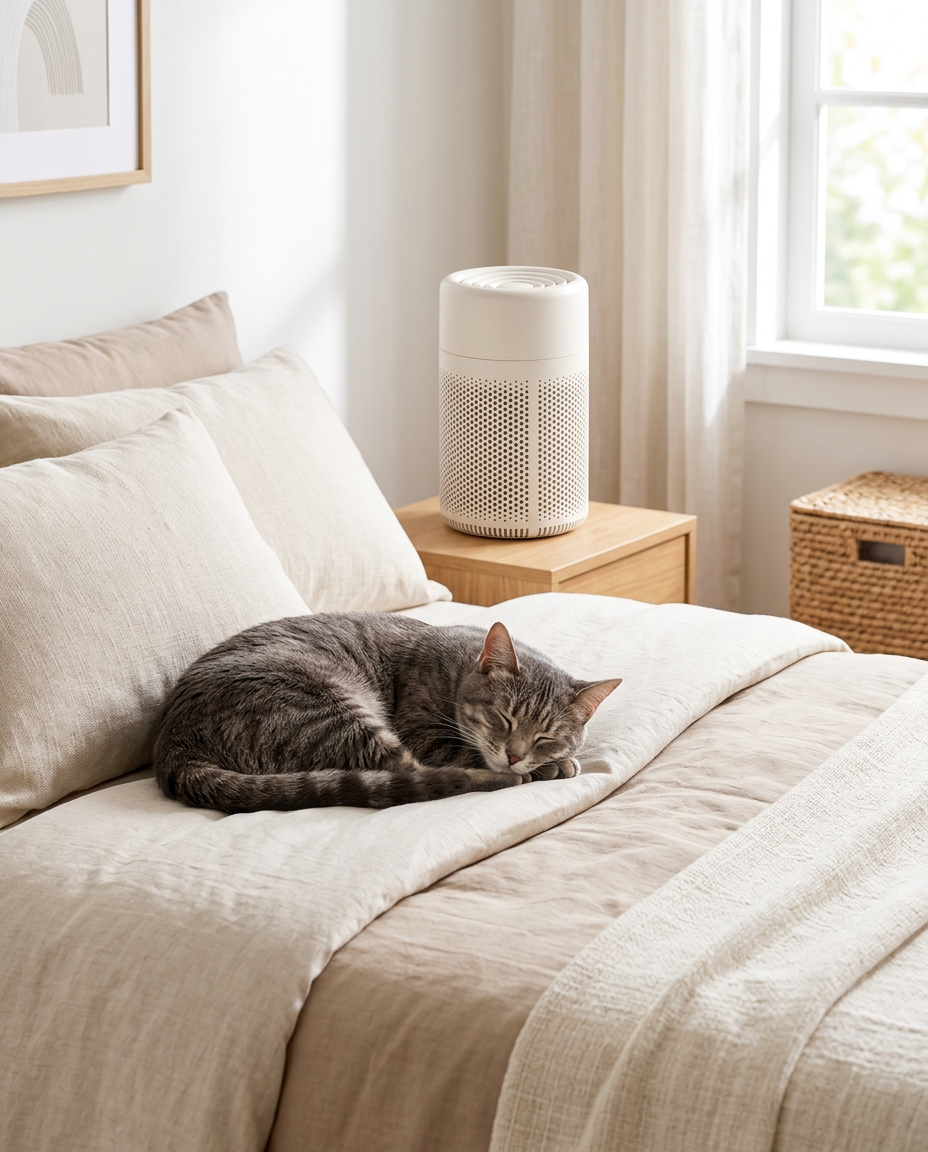 Bedroom after one hour with Furton: clear, bright air and a cat sleeping peacefully