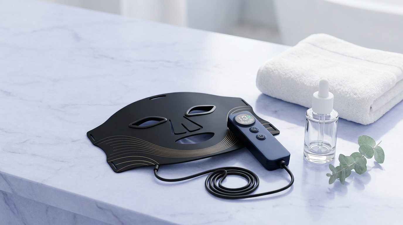 LED face mask and controller on a bathroom vanity