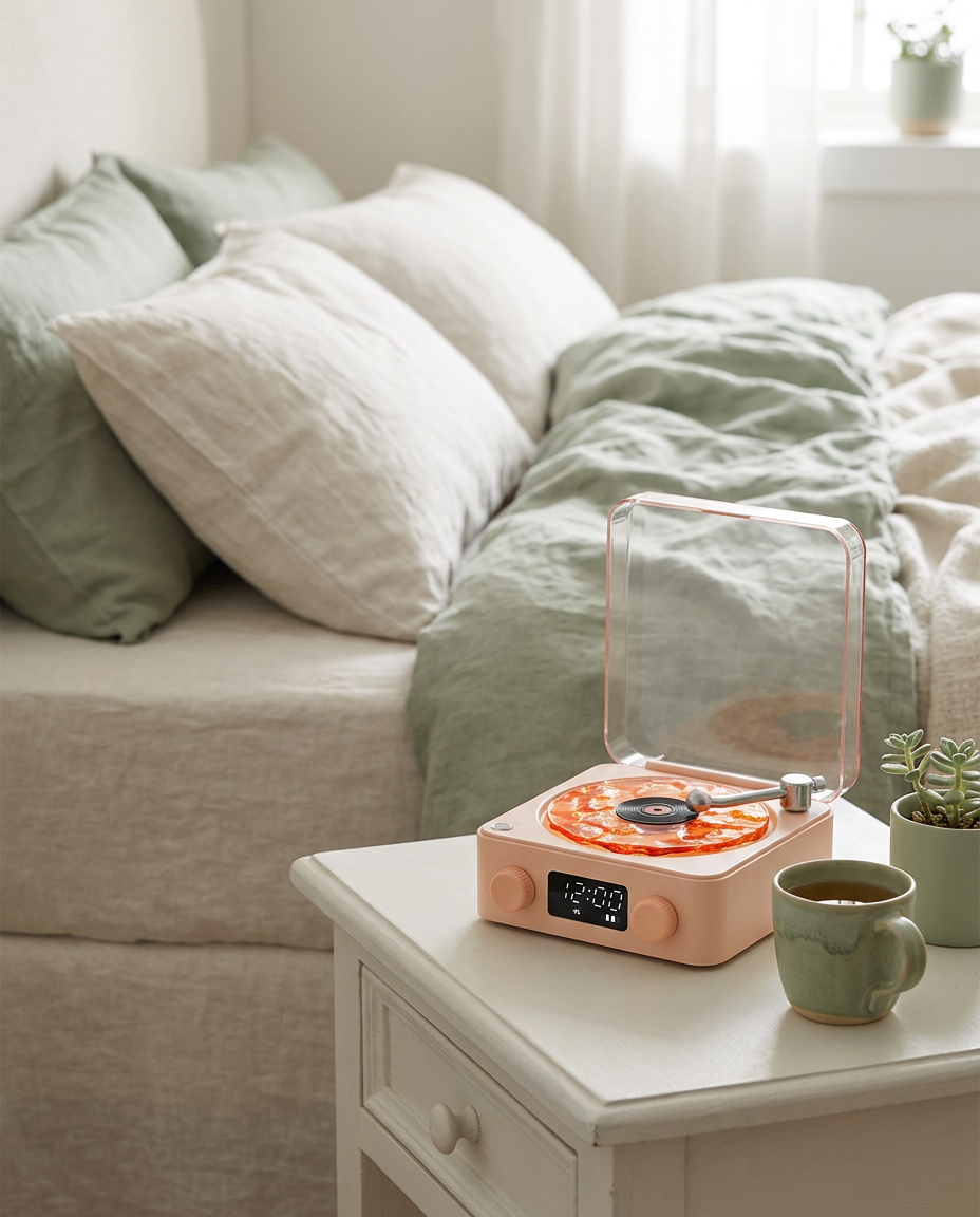 Retro mini speaker on a bedside table in soft morning light
