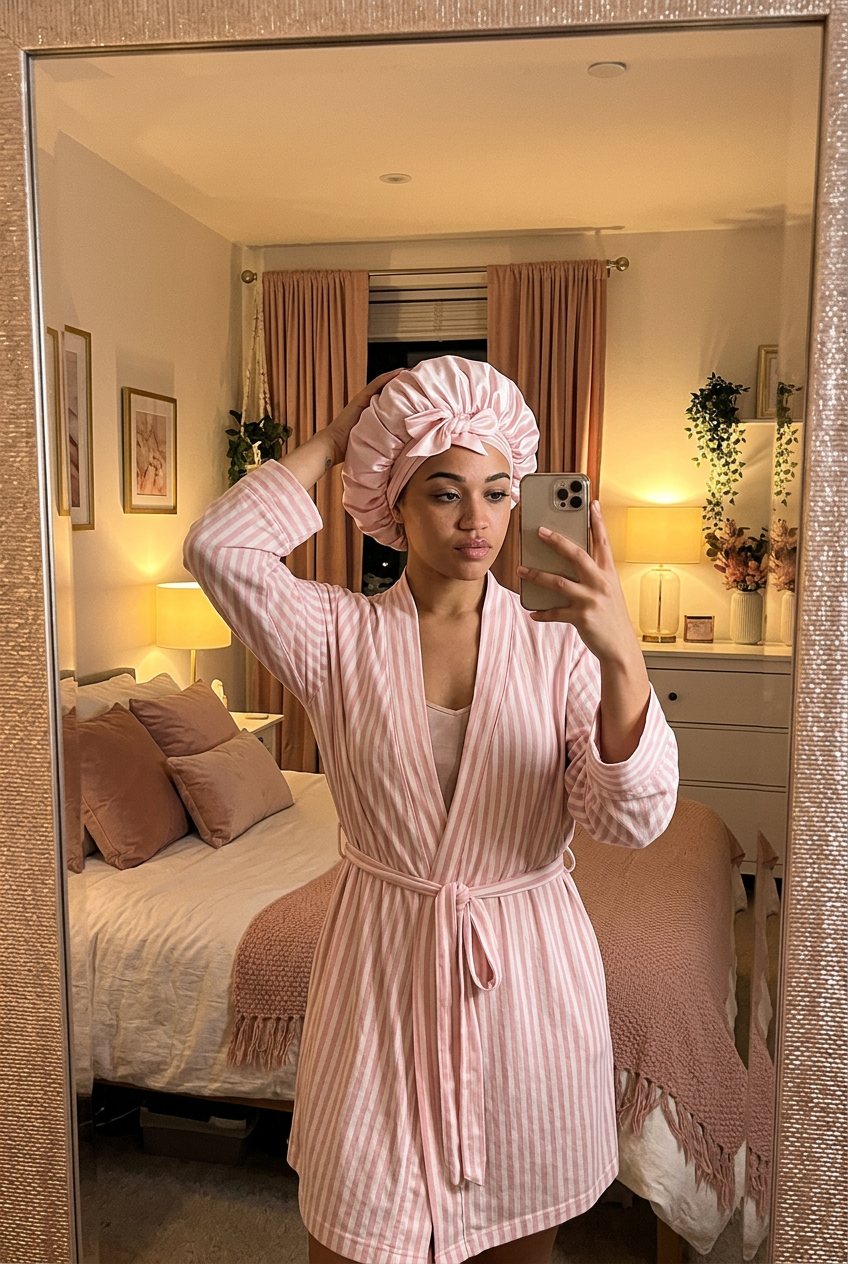 Woman in a striped robe putting on a satin sleep bonnet at night