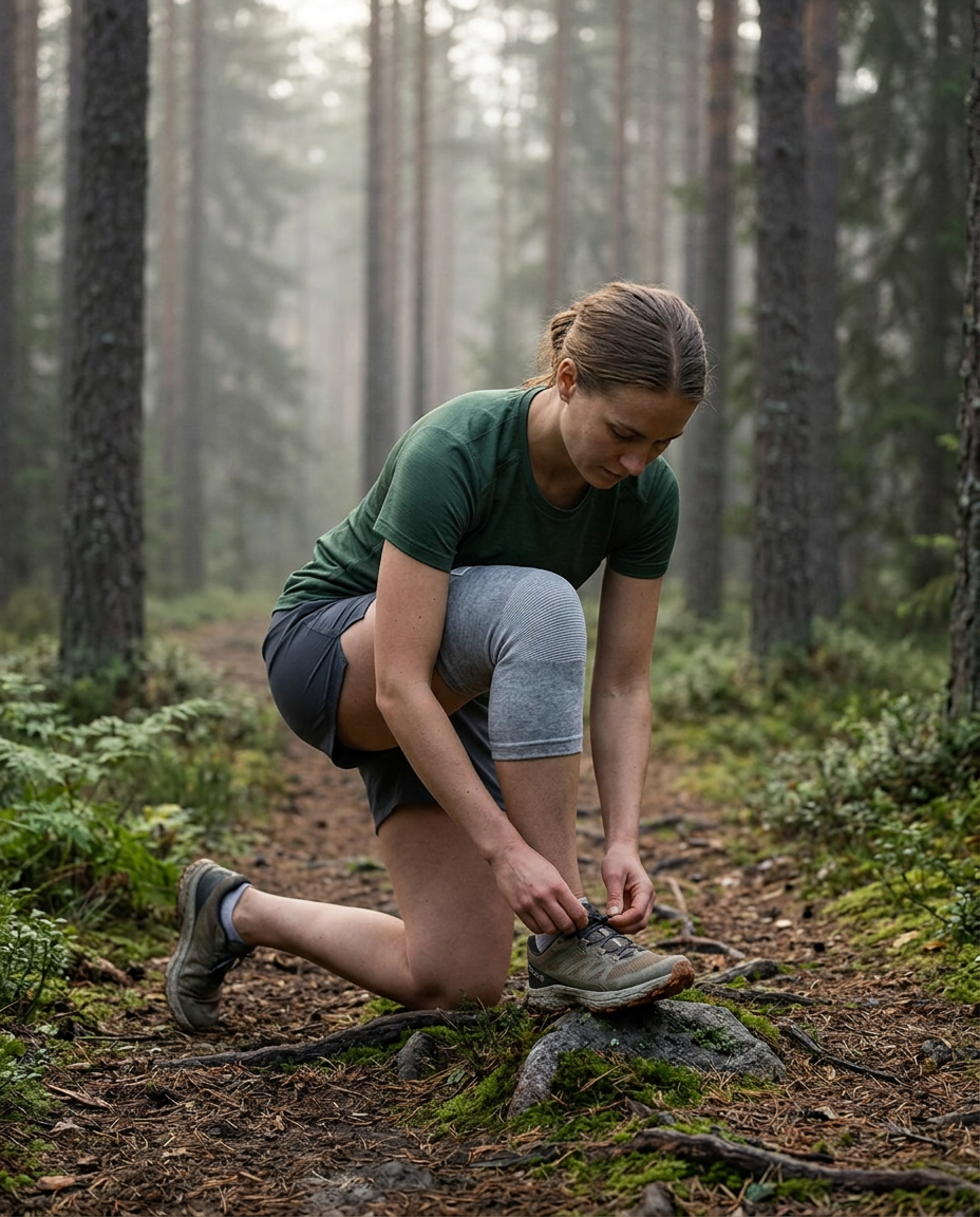 Runner wearing a grey bamboo knee sleeve on a misty forest trail