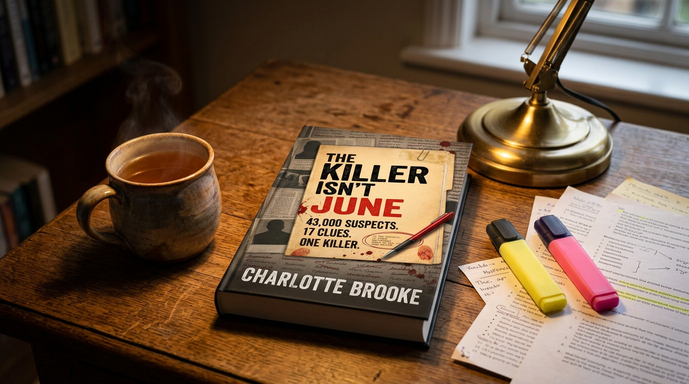 The Killer Isn't June puzzle book on a wooden desk beside a cup of tea, highlighters and a brass lamp