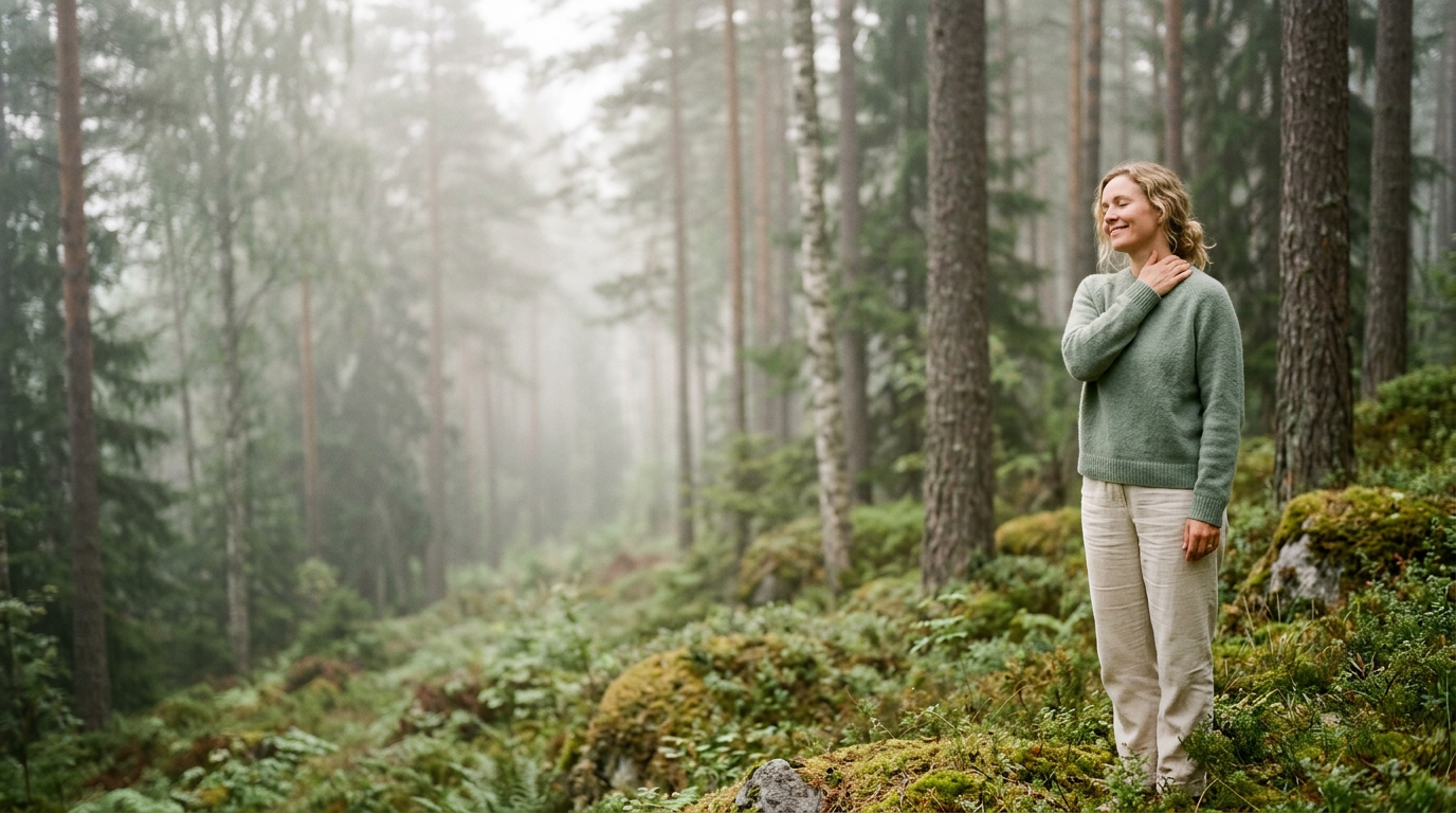 Woman smiling with relief, shoulders relaxed, in a misty Norwegian forest