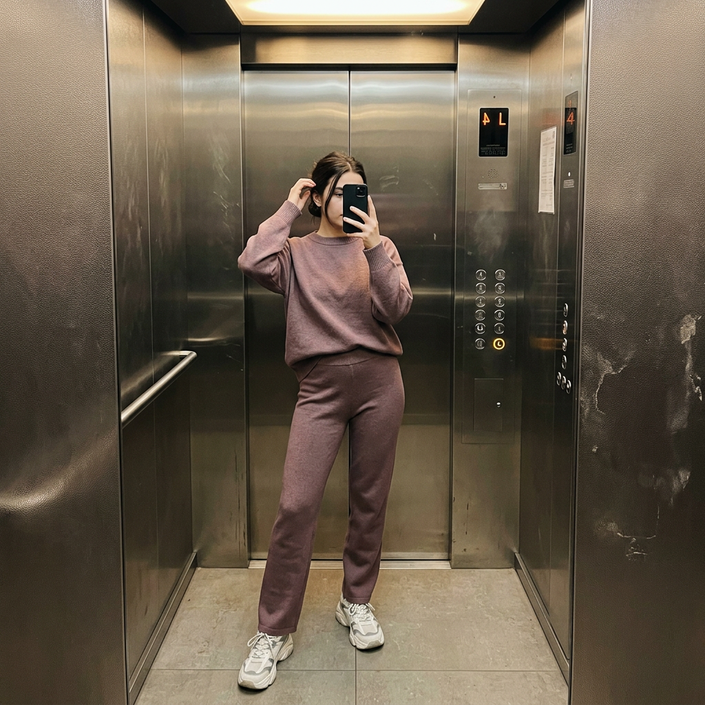 Mirror selfie of a woman in a mauve knit two-piece set and chunky sneakers